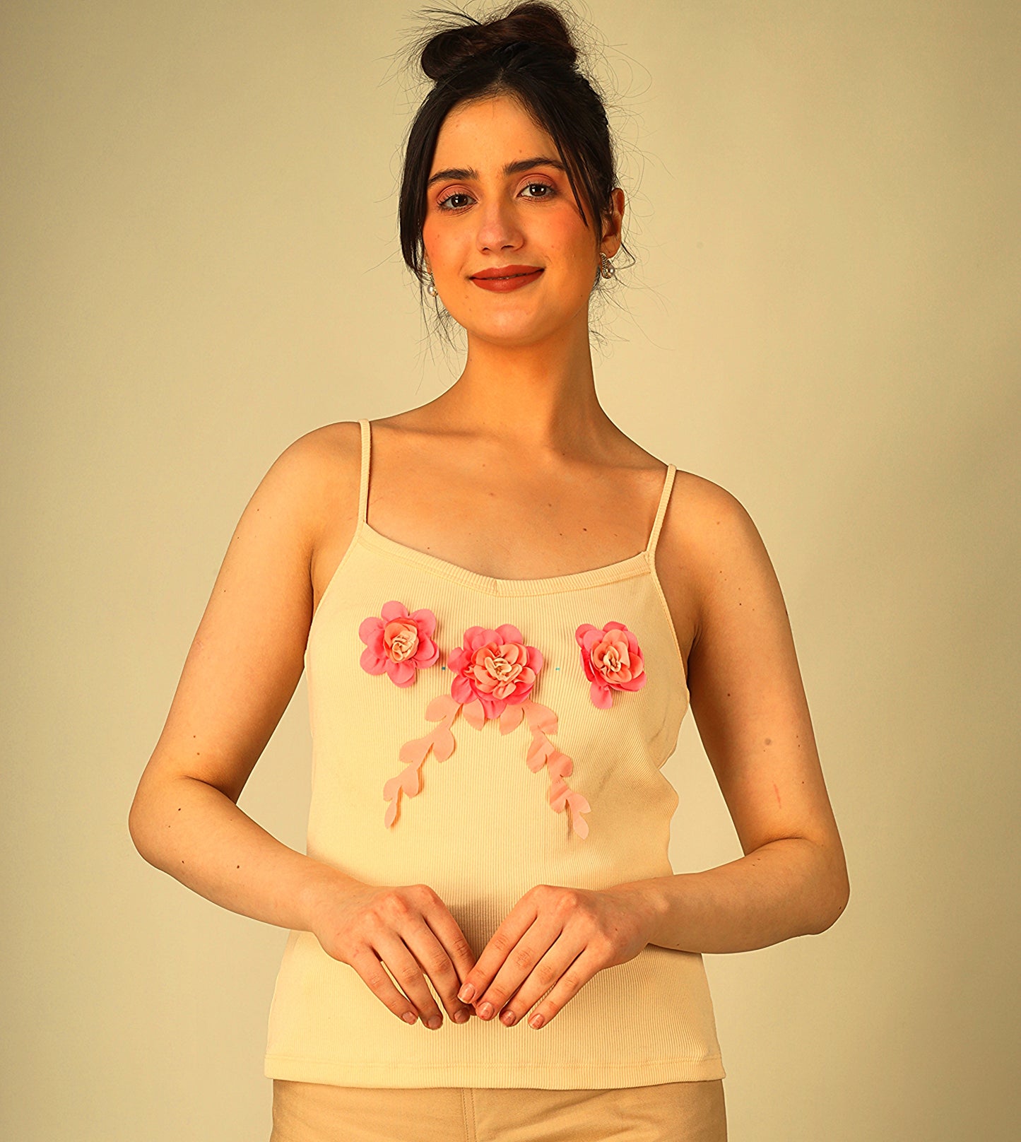 Floral Ribbed Cotton Femme Top – Elegant Strappy Summer Wear