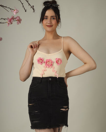 Floral Ribbed Cotton Femme Top – Elegant Strappy Summer Wear