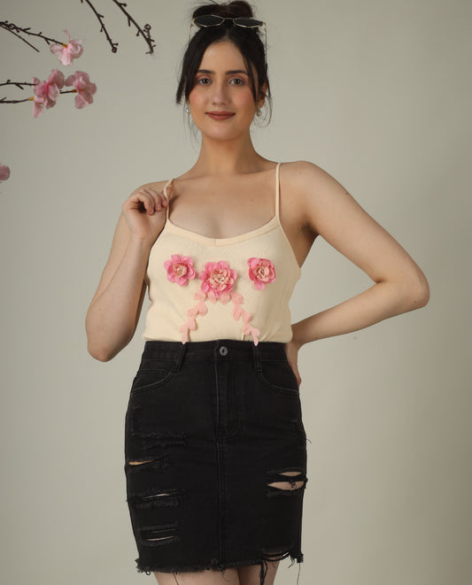 Floral Ribbed Cotton Femme Top – Elegant Strappy Summer Wear